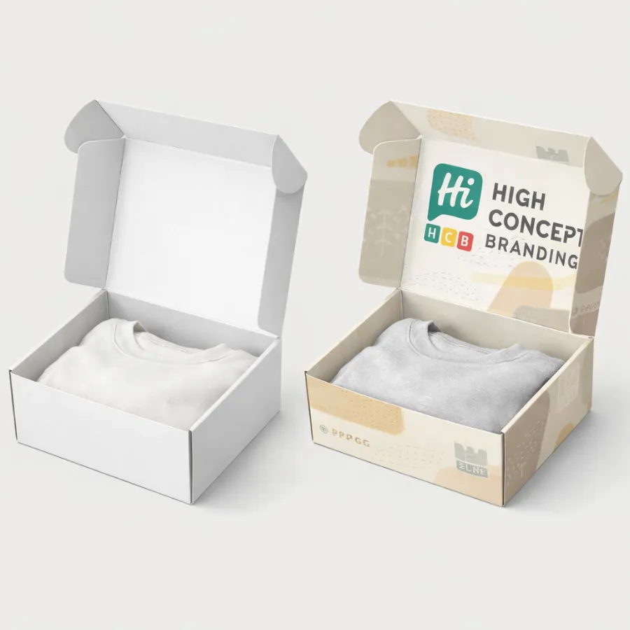 Two open corrugated mailer boxes- one plain white and one with colourful interior brand printing- class=